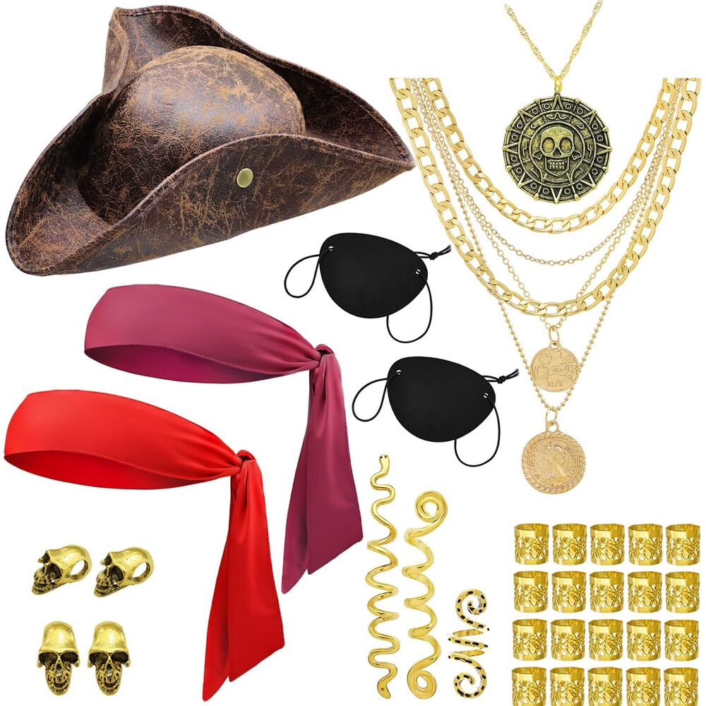 6691 34 Pcs Vintage Tricorn Pirate Hat Accessoriess Set